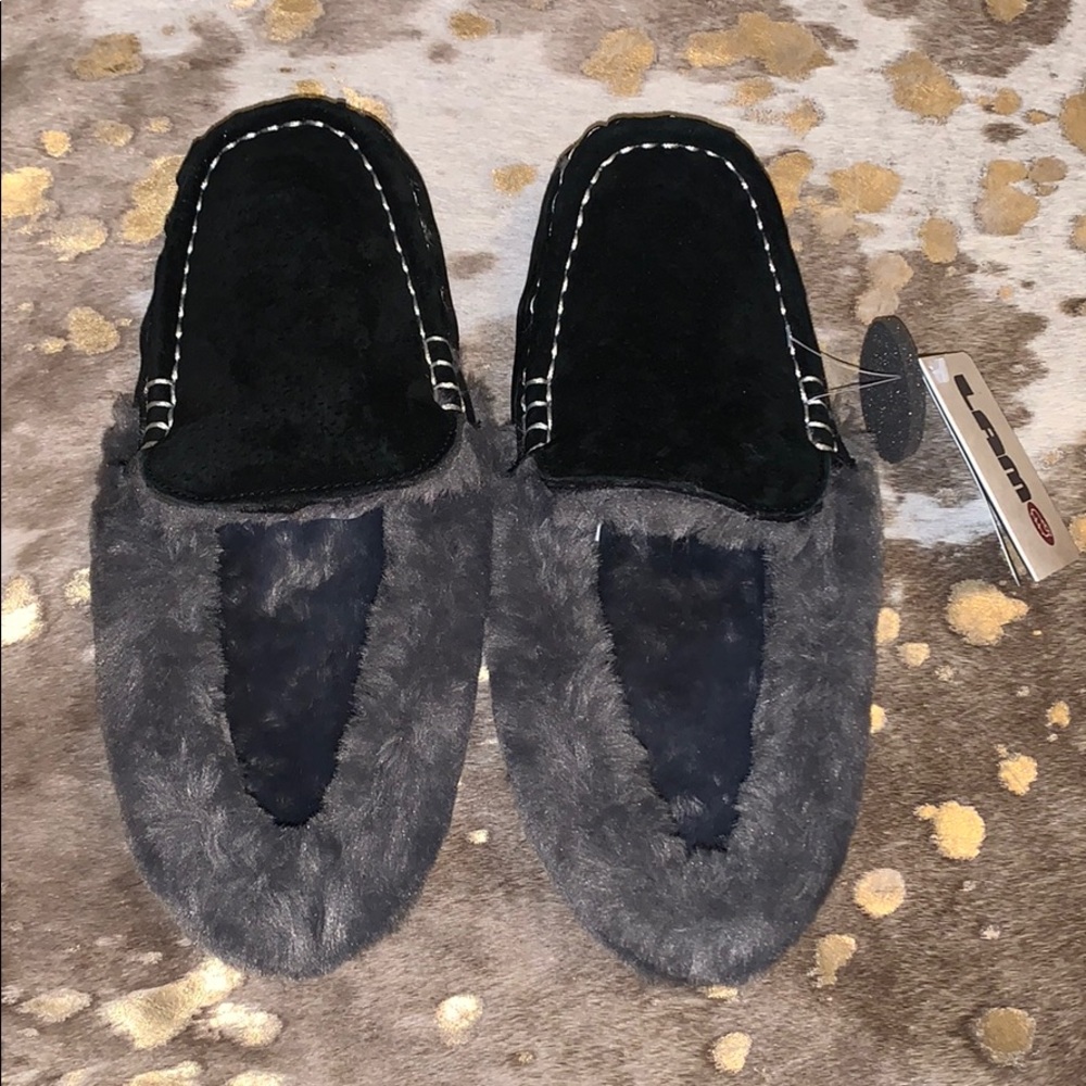 Lamo Black Gray Fur Slippers Mocassins Size 8